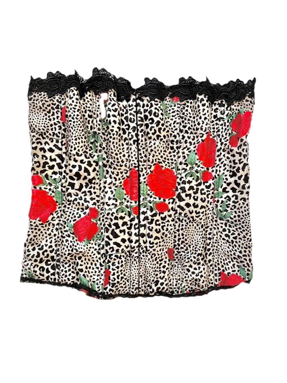 Frederick's of Hollywood Corset Top Bustier Size 34 Leopard Print Red Rose
